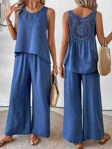 Conjunto de top sin mangas y pantalones de pierna ancha con parte posterior de malla de encaje para mujer, color albaricoque, para primavera/verano - Azul - Ver 8