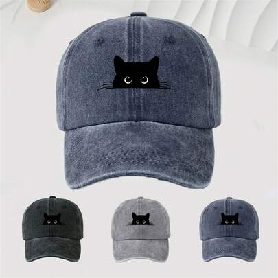 1 chiếc mũ lưỡi trai in hình "Mèo đen nhỏ", chất liệu polyester, phụ kiện thời trang ngoài trời unisex, mũ đội đầu bền chắc, có thể giặt được.