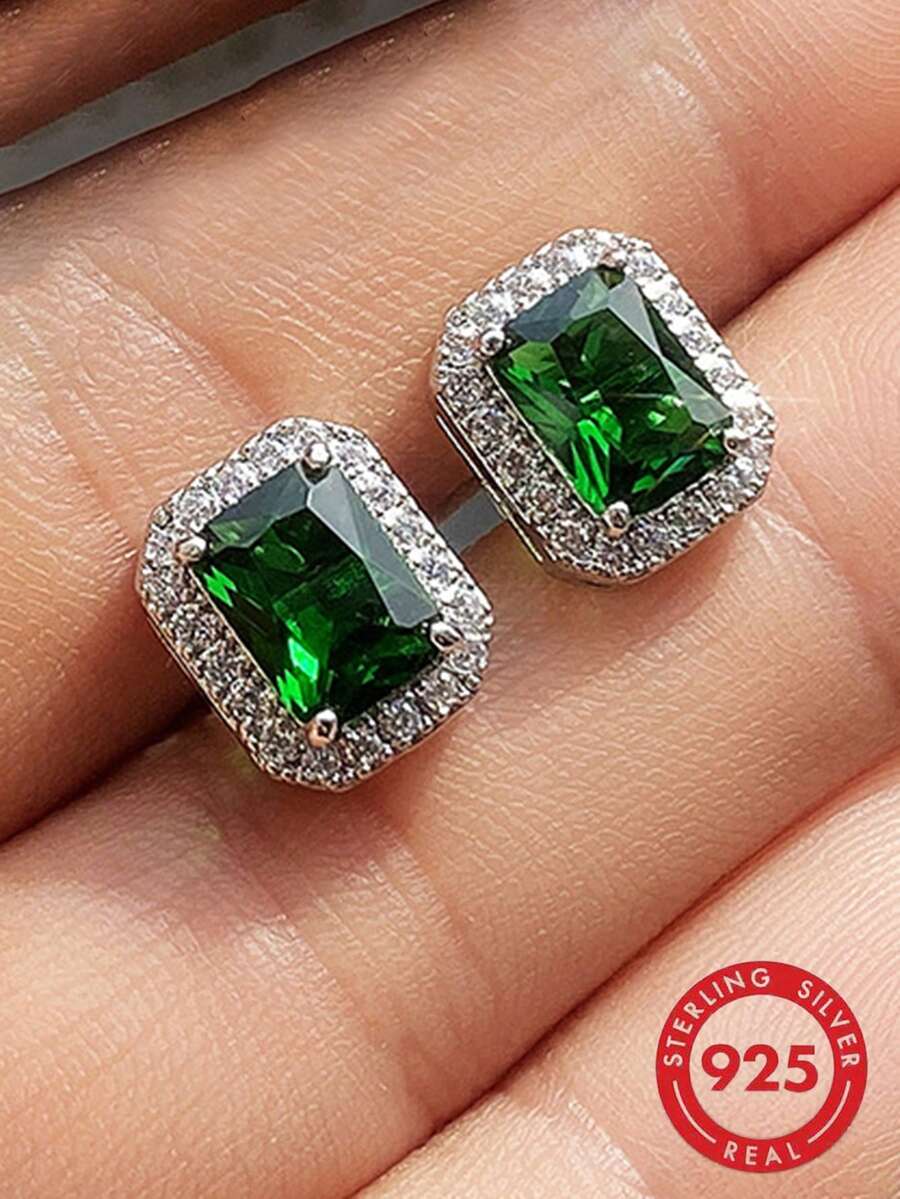 S925 纯银几何方形立方氧化锆耳钉，高品质女士珠宝 - 銀色 - 查看 1