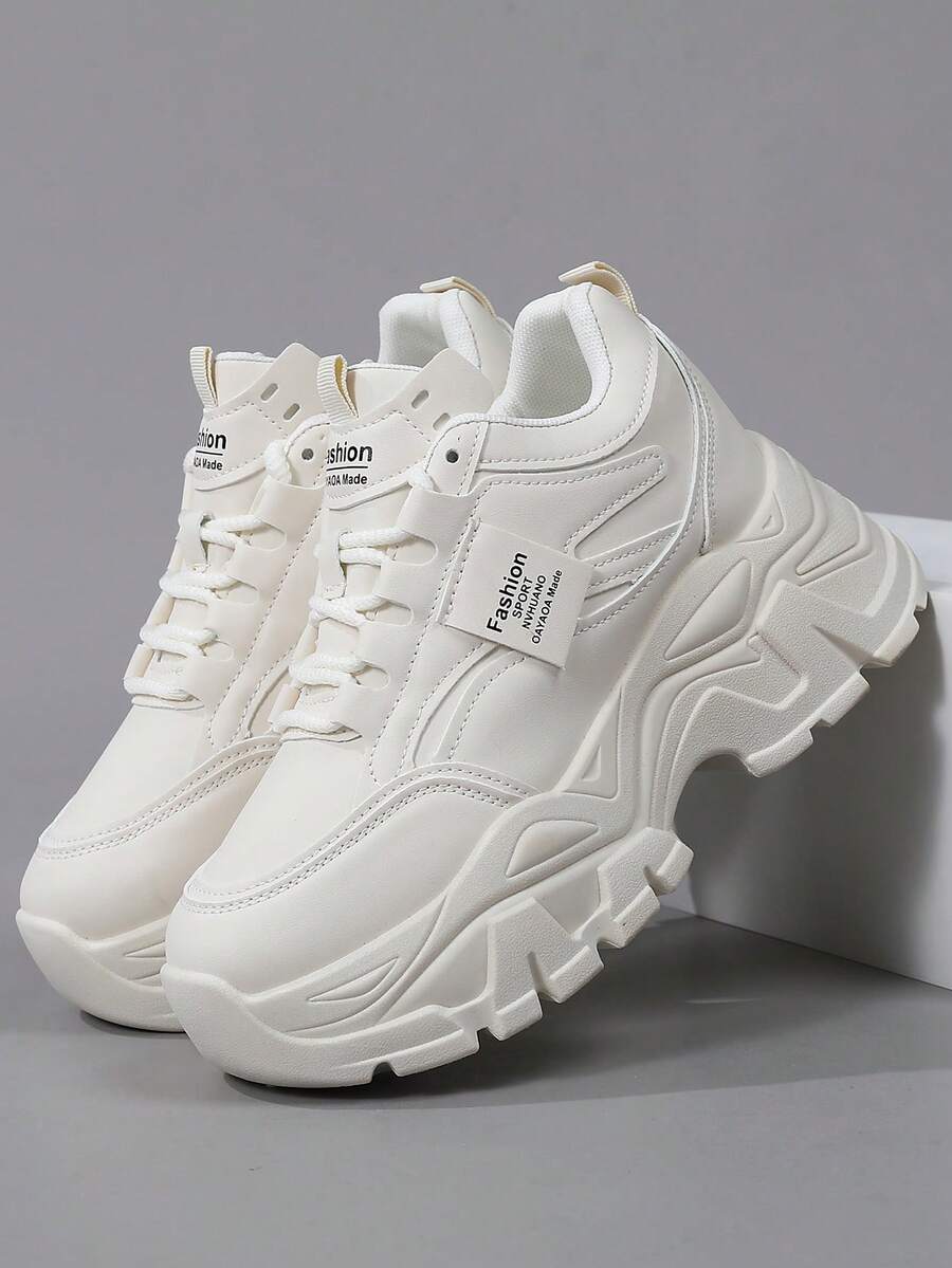 Miradar Color Series Leather Platform Chunky Sneakers, Brown Thick Sole Elevated Casual Shoes For Women - Beige - View 1