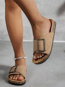 Sandal Datar Kasual Wanita Serbaguna, Dengan Penopang Lengkungan Kaki dan Gesper yang Dapat Diatur, Tahan Aus dan Anti Selip, Sandal Bertali Tunggal dengan Ujung Bulat - Aprikot - View 5