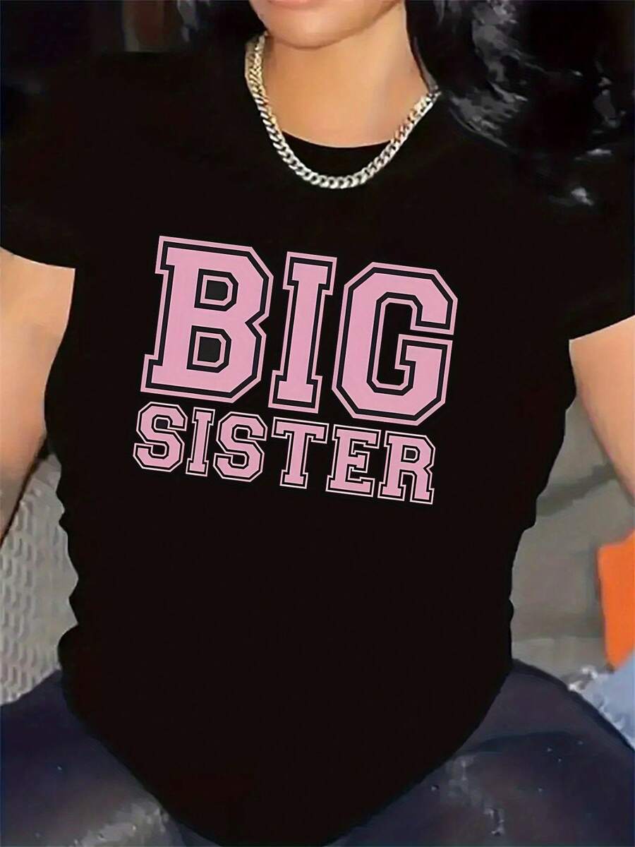 Camiseta Big Sister - Camiseta en blanco y negro con letras rosa, tela duradera y cómoda, diseño elegante para la sala de estar del hogar, regalo perfecto para reuniones familiares y tre casual, desgaste casual