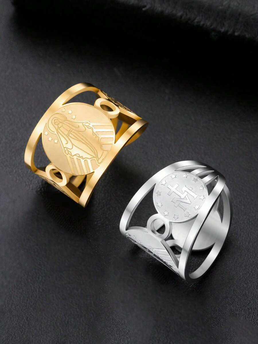 1pc Minimalist Stainless Steel Virgin Mary Adjustable Open Ring, Lucky Fashion Ring For Men And Women, Gift For Friends - Simple Series - View 1