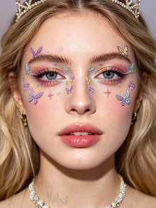 1pc 3D Butterfly & Flower Face Stickers, Stereo Embossed Makeup Stickers, Waterproof & Long-Lasting, Suitable For Spring Photos, Music Festivals, Traditional Chinese Costume Makeup - Multicolor - View 2
