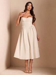 Elegante vestido largo sin mangas con manga abultada para mujer, adecuado para citas diarias, salidas, discotecas, fiestas, temporada de otoño - Albaricoque - Ver 3