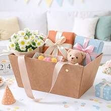 2 Packs Gift Boxes For Her/Him | Kraft Paper Party Gift Baskets With 4 Ribbons, Portable Flower Gift Boxes For Birthday/Wedding/Spring Party, Reusable Gift Packaging Boxes, Party Decor Supplies (No Flowers Included) - View 6