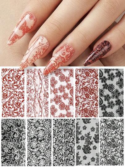 Beautizon Nailartlab 10pcs Romantic Red Lace Pattern Nail Art Transfer Stickers, Exquisite Vintage Lace Texture Intertwined With Dreamy Starry Sky Elements, Soft And High-End Color Tone, Atmosphere-Filled. Clear And Delicate Printing, Lightweight And Conforming Material, Easy To Apply On Nails, Waterproof And Wear-Resistant, Gentle And Versatile, An Ideal Accessory For Elegant Wedding Nails And Daily Refined Manicure
