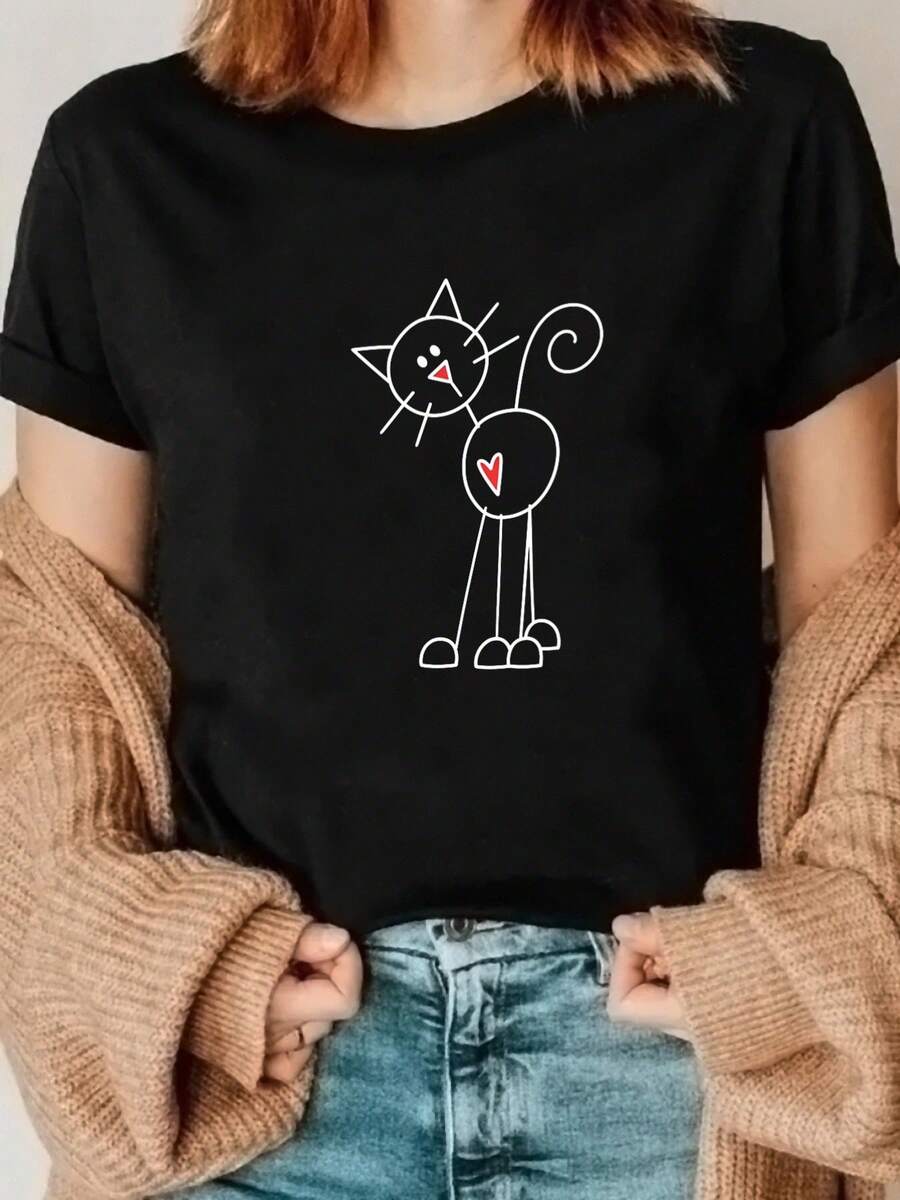 1pc Nueva camiseta de cuello redondo de primavera / verano con dibujos animados lindo patrón de gato y acentos de corazón azul. Camiseta de manga corta con cuello redondo impreso, adecuada para las actividades de carrera de primavera/verano de las mujeres. Personalidad de moda, elegante y divertida