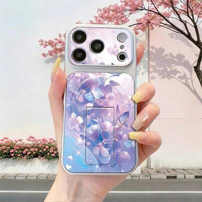 1pc Fashionable Glitter Purple Flower & Butterfly Pattern Silver Metal Ring Holder Phone Case, Shockproof Full Coverage With Precise Cutouts, Suitable For IPhone, Stylish & Protective, Ideal Choice For Fashion Enthusiasts