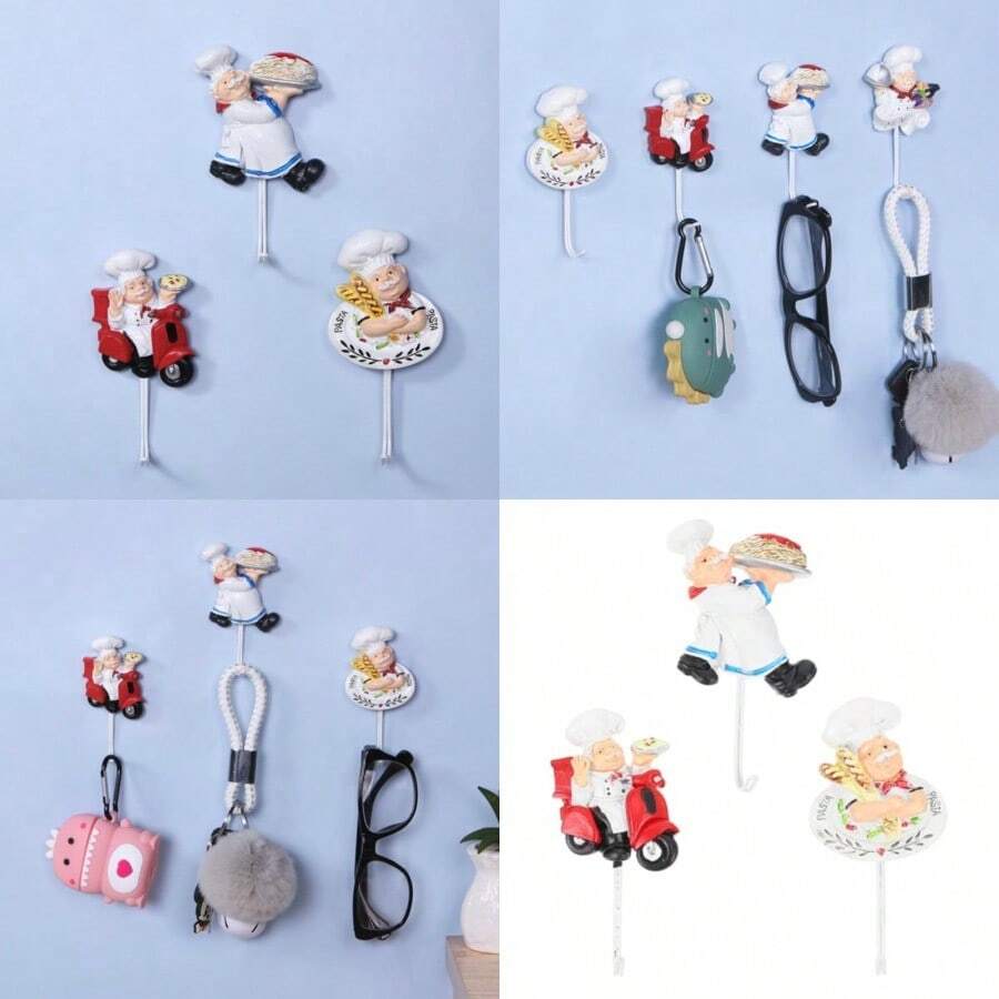BESTYASH Ganchos De Cocina Decorativos De Resina Con Diseño De Chef 3 Piezas Sin Perforación Para Organizar Cocina Baño Y Sala 3.74X2.04X0.39In - colores surtidos - Ver 1