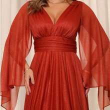 Luxury Long Dress With Flowing Sleeves And Deep Neckline – Timeless Elegance And Sparkle For Parties* - 亮橙色 - 查看 4