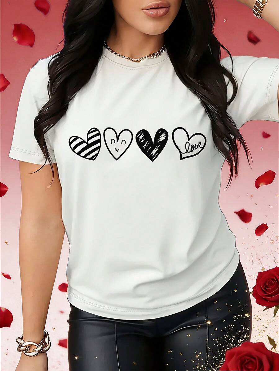 Camiseta casuaalentina de mujer | Gráfico de patrón del corazón | Regalo delicado | Confort ligero transpirable | Cuello redondo | I para el armario de primavera / verano