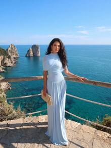 Vestido elegante y casual de estilo retro francés con cintura ceñida, ideal para citas, uso diario y bodas. Vestidos de verano para mujeres, atuendos de festival, vestidos para invitadas de boda, vestidos elegantes para mujeres - Azul - Ver 2