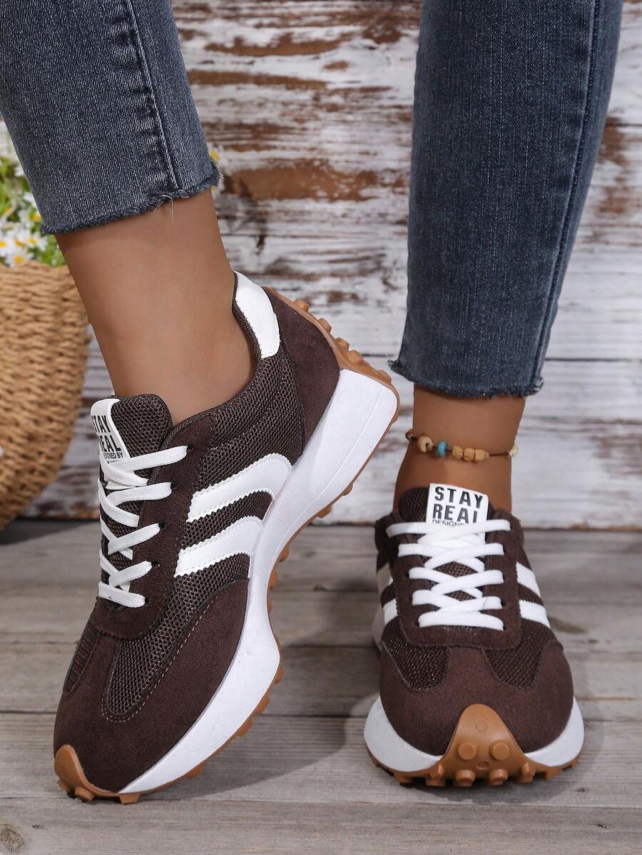 Spring Summer Women Retro Trainer Sneakers, Brown Stripe Low Top Wedge Shoes, Mesh Patchwork Lightweight Footwear For School Commute Travel - Brown - View 1