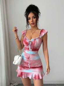 Vestido camisero con volantes en el bajo y hombros descubiertos, estilo vintage con estampado - Vestido entallado de línea A - Multicolor 2 - Ver 7