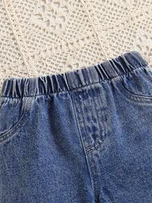 1pc Girls Casual Washed Blue Denim Jeans, Versatile Spring/Summer - Dark Wash - View 4