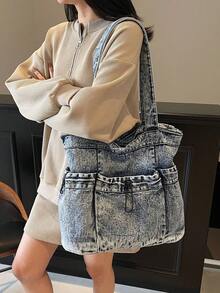 A Minimalist Casual Style Multi-Compartment Women's Tote Bag With A Zipper Closure, A Student Shoulder Bag Suitable For Commuting And Office Use. - Navy Blue - View 2