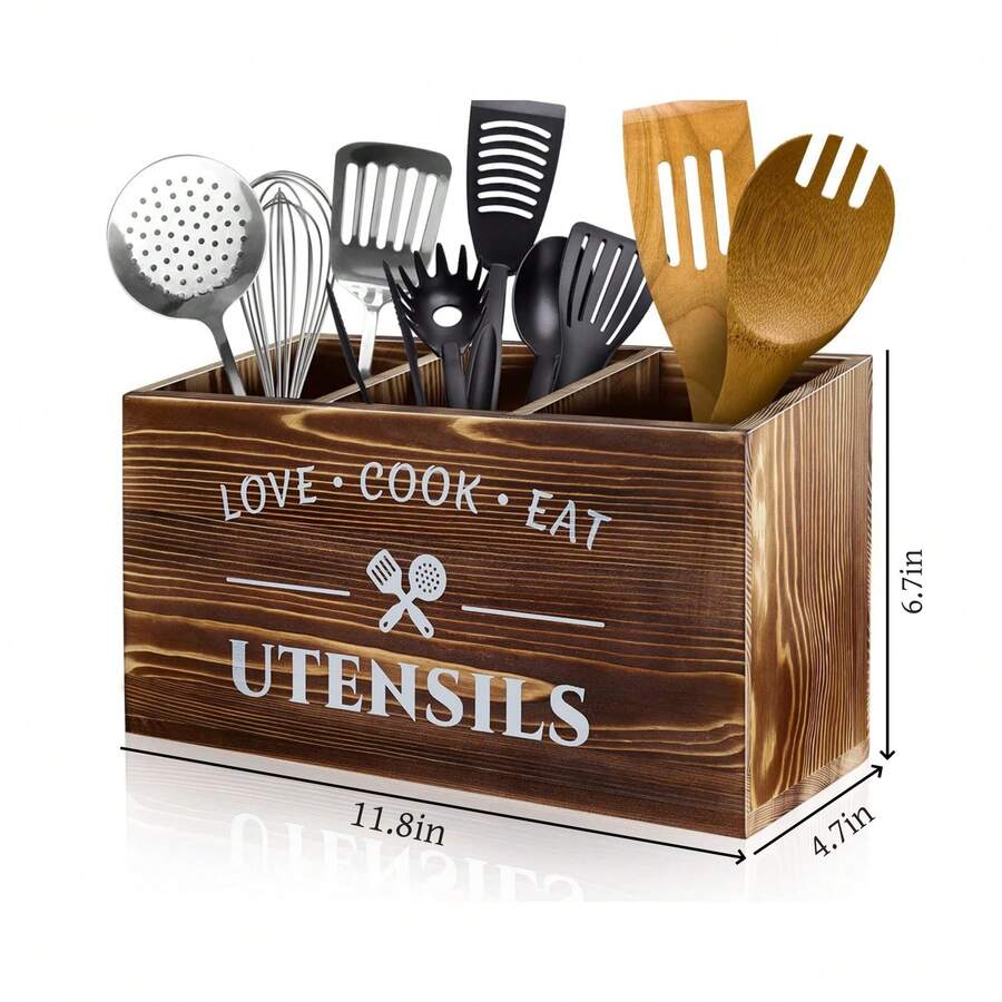 1pc Rustic Wooden 3-Compartment Cutlery Organizer Box, Wall-Mounted Utensil Storage Box With "LOVE COOK EAT" Design, Suitable For Kitchen And Dining Room, Kitchen Organization And Storage, Kitchen Accessories - Brown - View 1