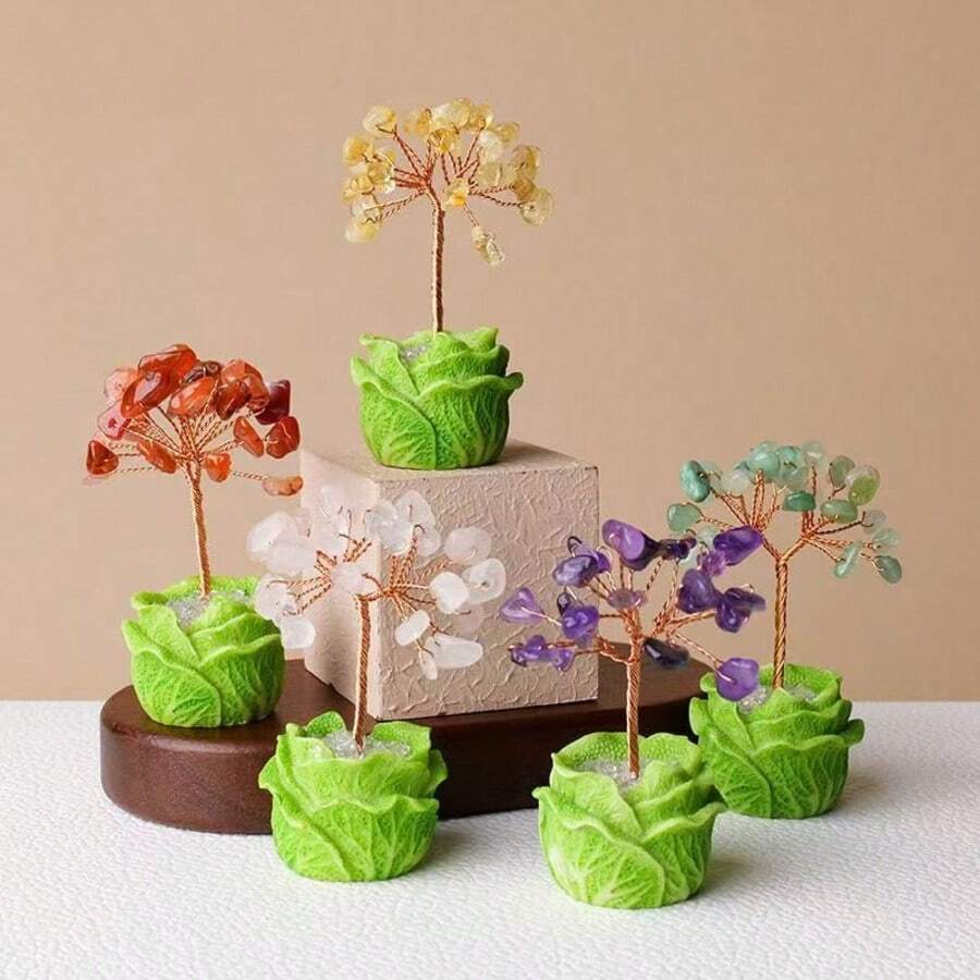 Árbol eterno de cristal natural, decoración floral, base de repollo falso, adorno de árbol de dinero en miniatura tejido a mano, decoración para el hogar/coche, regalo de inauguración de casa, graduación - Árbol de col artificial - Ver 1
