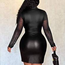 Veslaya Plus Size Women Turtleneck Mesh Patchwork Rhinestone Embellished Long Sleeve Party Dress - Negro - Ver 4