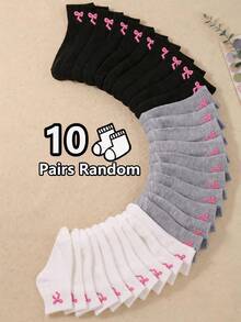 10 Pairs Random Bow Boat Socks, Black White Gray Bow Socks, Suitable For Children, Soft Breathable Girls Socks, Suitable For School Students Teenagers, Summer Essential Young People Socks, Children Holiday Essential, Suitable For Daily Life - Multicolor - View 1