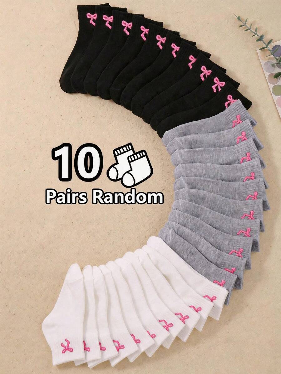 10 Pairs Random Bow Boat Socks, Black White Gray Bow Socks, Suitable For Children, Soft Breathable Girls Socks, Suitable For School Students Teenagers, Summer Essential Young People Socks, Children Holiday Essential, Suitable For Daily Life - Multicolor - View 1