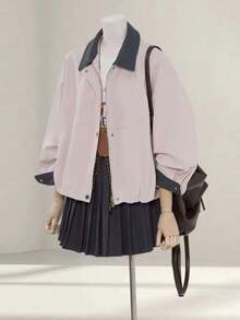 Commuter Style Colorblock Lapel Jacket Coat For Women 2026 Spring/Autumn New Loose Versatile Crop Top For Petite Pink - Pink - View 6
