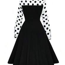 Plus Size Elegant Polka Dot Print Knot Detail Splicing Dress, Autumn Maxi Women Outfit Fall Cloth For Women - Multicolor - Ver 3