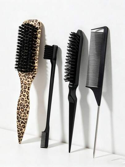 4pcs Leopard Print Hair Brush Set - Includes Leopard Straight Hair Brush, Tail Comb, Side Comb And Styling Brush | Soft Bristles, Durable ABS Material | Create Smooth Hairstyles, Control Frizz, Easy Detangling And Curling | Suitable For Home, Salon, Travel And Daily Hair Care