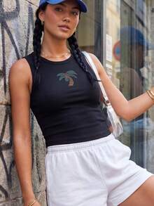 Women Rhinestone Palm Tree Tank Top Y2k Embroidered Bead Tank Top Aesthetic Ribbed Sleeveless Summer Crop Tops - Black - View 6