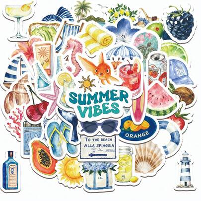 50/100 piezas Pegatinas con tema de playa de verano, pegatinas decorativas, pegatinas para teléfonos, pegatinas estéticas, adecuadas para scrapbooking, diarios, botellas de agua, portátiles, set de suministros para scrapbooking, pegatinas de vinilo resistentes al agua, adecuadas para adultos