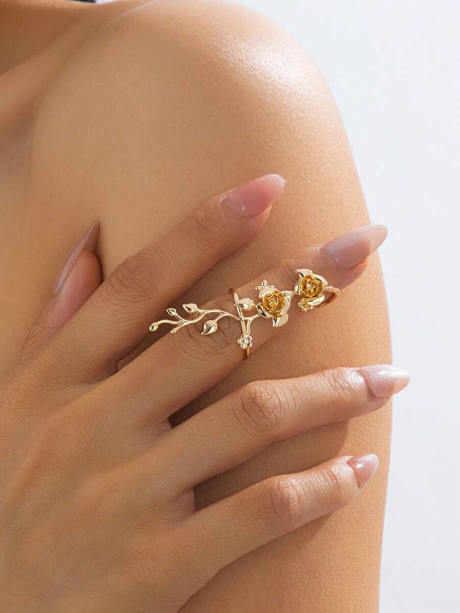 1pc Fashionable Personalized Delicate Creative Rose Flower Shaped Summer Vintage Style Ring For Women - Yellow Gold - View 1
