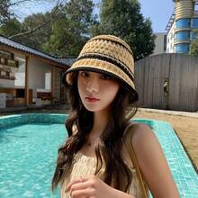 Summer Women's Breathable Thin Striped Knitted Hollow Fisherman Hat, Sun Hat, Fashionable Bucket Hat, Sun Hat - 黃色和黑色 - 查看 4