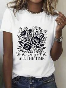 100% Women's T-Shirt - 'God Is Always Good' Floral Design, Casual Short Crew Neck Soft Tee, Soft And Cozy, Perfect For Everyday Wear, Outdoor Activities, Or Gifts For Day - 白色 - 查看 1