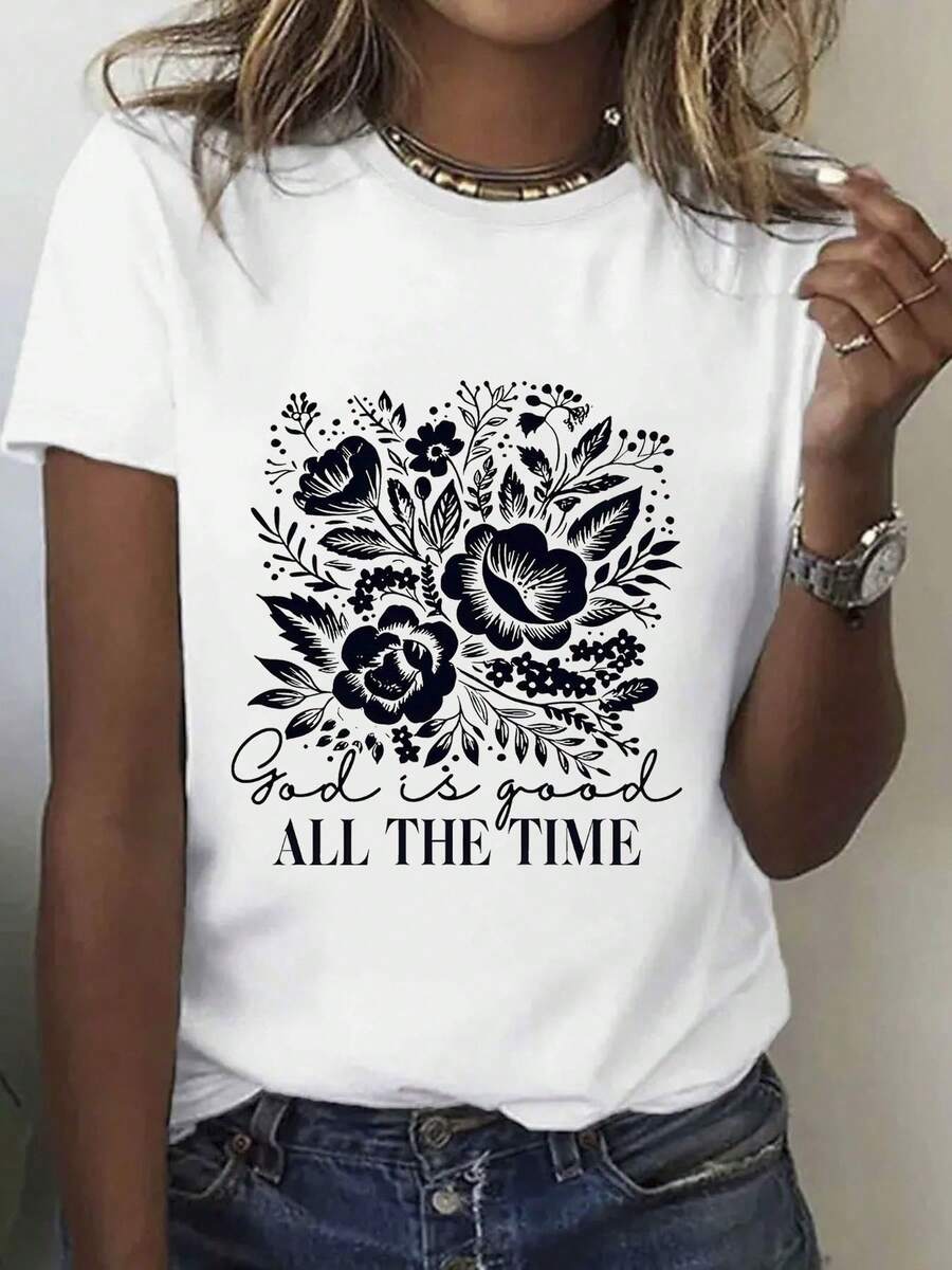 100% Women's T-Shirt - 'God Is Always Good' Floral Design, Casual Short Crew Neck Soft Tee, Soft And Cozy, Perfect For Everyday Wear, Outdoor Activities, Or Gifts For Day - 白色 - 查看 1
