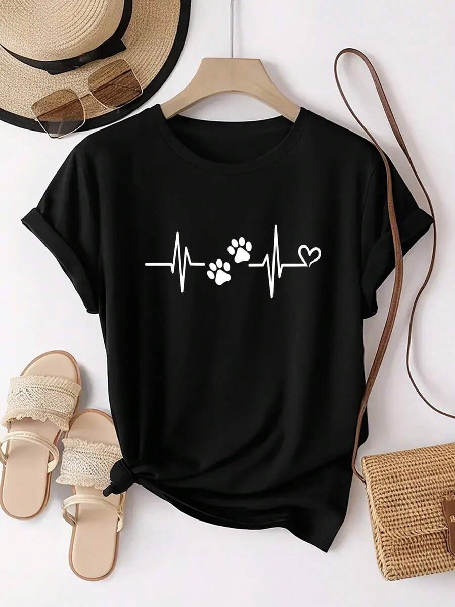 Patrón de latido del corazón blanco con impresiones de patas y corazones | Camiseta deportiva de manga corta con cuello de tripulación diario casual para mujeres, top cómodo