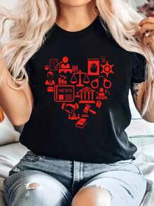 Casual T-Shirt Made of Applique Fabric with Alphabets - Spring/Summer, Crew Neck, Length, F507 - Negro - Ver 2