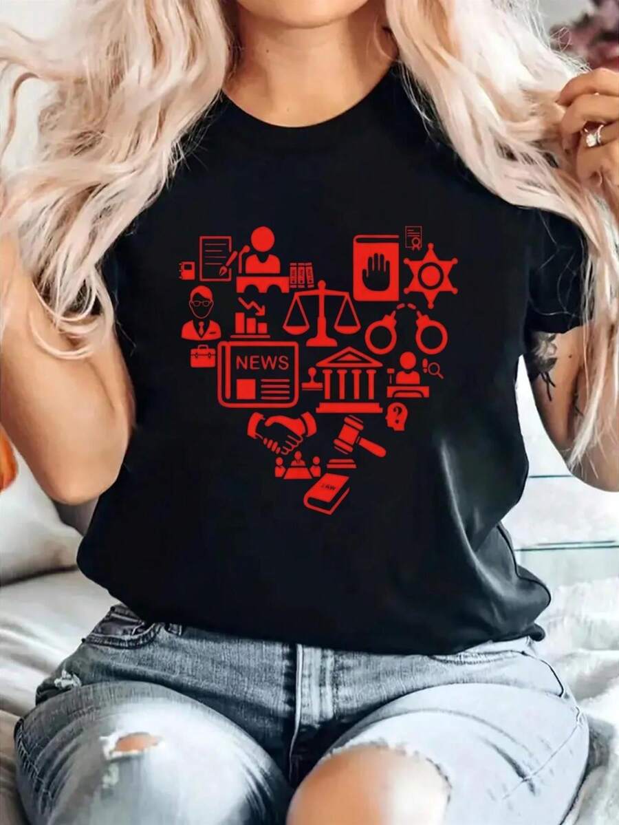 Casual T-Shirt Made of Applique Fabric with Alphabets - Spring/Summer, Crew Neck, Length, F507