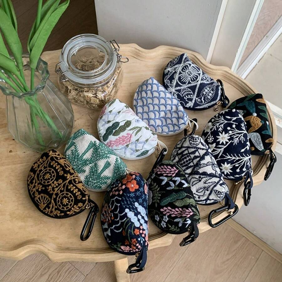 刺绣蓝牙耳机保护套，口红化妆包，旅行钥匙扣收纳袋，零钱包耳机包，带挂环 - 彩色 - 查看 1