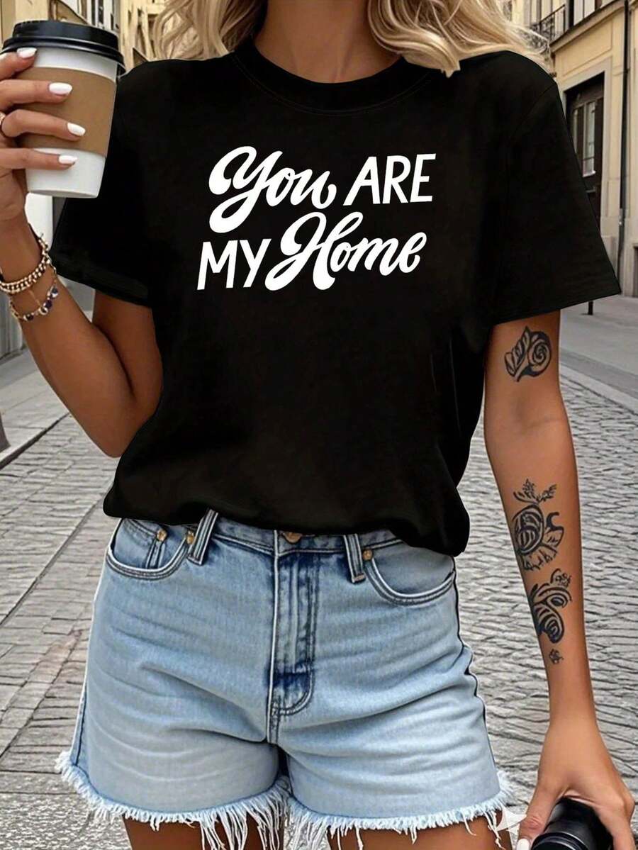 Women's "You Are My Home" T-Shirt - Romantic Chinese/English Print Short Sleeve Top, Medium Stretch Casual Blouse Tee Suitable For Valentine's Day Gifts, Weddings, And Everyday Wear, Spring/Summer Outfits - 黑色 - 查看 1