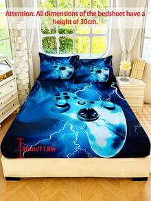 1/3PCS E-Sports Game Controller Printed Children'S Bed Sheet, And Technological Polyester Full Cover Bed Sheet, Raised 30cm Non Slip Bed Cover, Suitable For Children'S Rooms, Boys' And Girls' Bedrooms, All Year Round, Can Be Purchased Separately With 1 Pillowcase - Multicolor - View 1