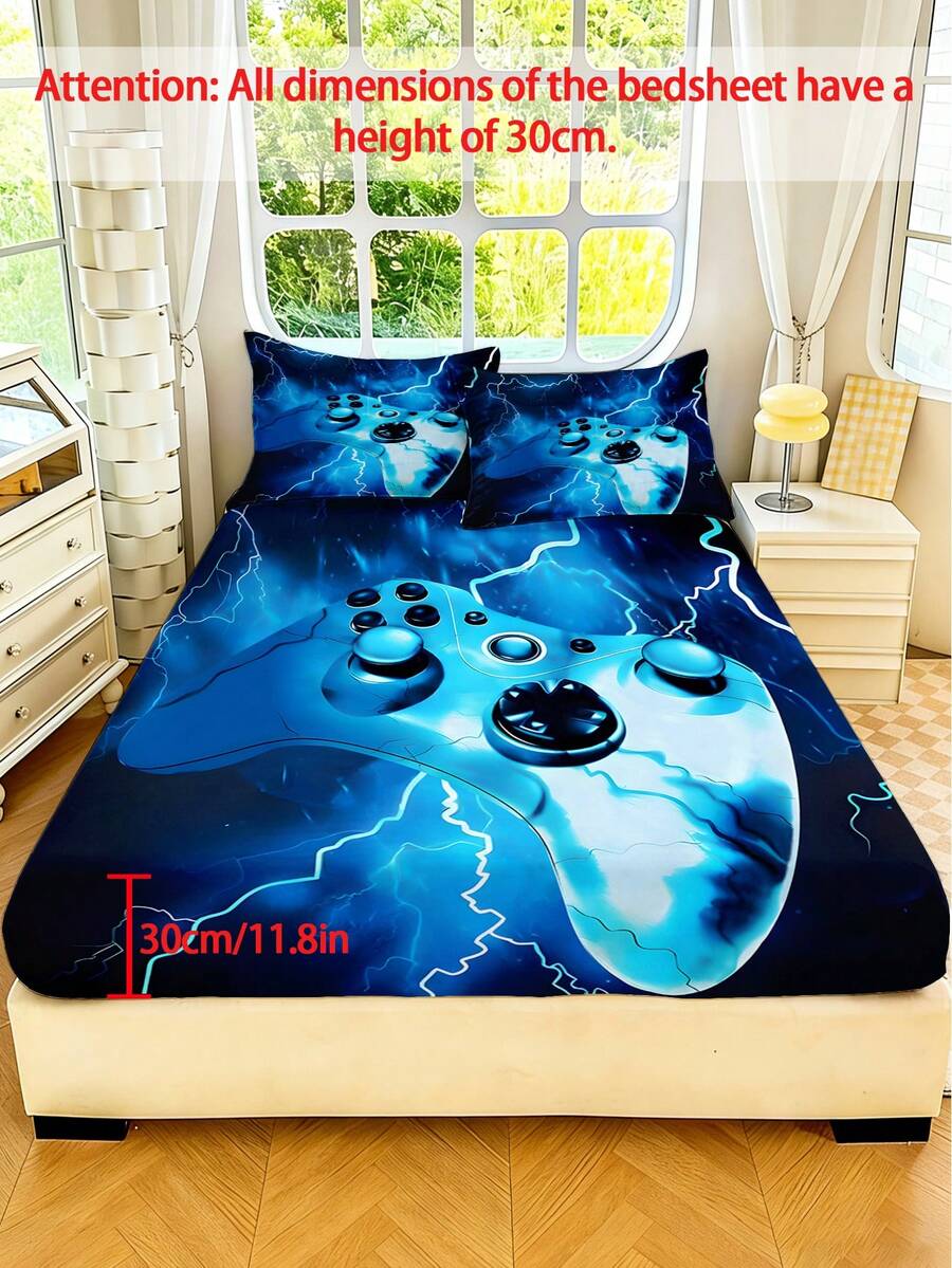 1/3PCS E-Sports Game Controller Printed Children'S Bed Sheet, And Technological Polyester Full Cover Bed Sheet, Raised 30cm Non Slip Bed Cover, Suitable For Children'S Rooms, Boys' And Girls' Bedrooms, All Year Round, Can Be Purchased Separately With 1 Pillowcase - Multicolor - View 1