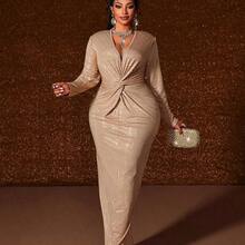 Maweii Plus Size Women's Elegant Shiny Silver Sequin Knit High Stretch Fabric Crossover V-Neck, Padded Shoulder, Waist Cinched Design, Women's Plus Size Autumn/Winter New Style, Suitable For Concerts, Fashionable Versatile Outerwear, Night Dates, Christmas, New Year, Fashionable Long Sleeve DressValentine's Day - Caqui - Ver 5
