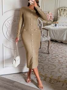 Đầm midi dệt kim vải tweed màu kaki thanh lịch của Unadoll dành cho nữ, tay dài, cài cúc vàng, dáng ôm sát, xẻ tà sau, thích hợp cho công sở và tiệc tùng. - Màu Khaki - Xem 10