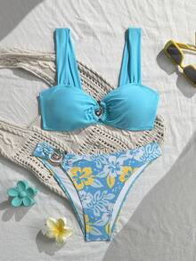 Bộ bikini mới với họa tiết hoa và dây đeo hình vỏ sò, áo bikini gợi cảm và quần bikini màu trơn, thích hợp cho bãi biển, tiệc bể bơi và kỳ nghỉ. - Màu xanh nhạt - Xem 4