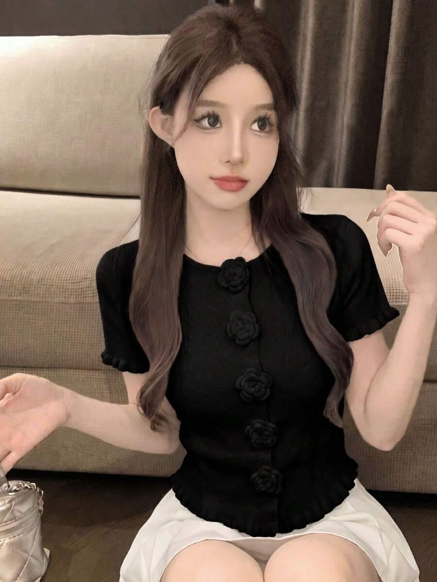 新款春夏法式3D立体花卉圆领短袖针织T恤，女款，不规则荷叶边下摆露脐上衣，黑色 - 黑色 - 查看 1