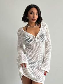 Women's Solid Color Casual Beach Cover-Up Dress - White - View 4