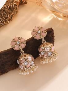 1 Pair Elegant Earrings, Fashion Rhinestone Flower Earrings With Bell And Faux Pearl Tassel Cylindrical Eardrops, Bollywood Style Jewelry Suitable For Women And Girls For Daily Wear, Festivals, Weddings And Parties/Jewelry Gift - Fashion - View 5
