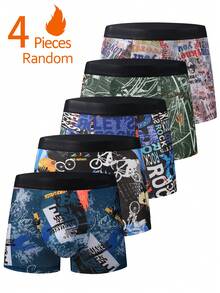 4pcs/Pack Men's Comfortable Fashionable Mid-Rise Printed Boxer Briefs, Versatile Underwear, Sports Shorts - Multicolor - View 1