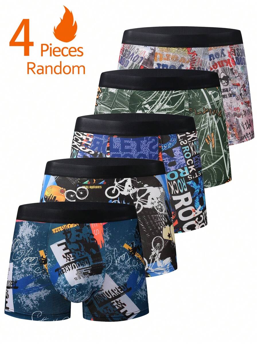 4pcs/Pack Men's Comfortable Fashionable Mid-Rise Printed Boxer Briefs, Versatile Underwear, Sports Shorts - Multicolor - View 1